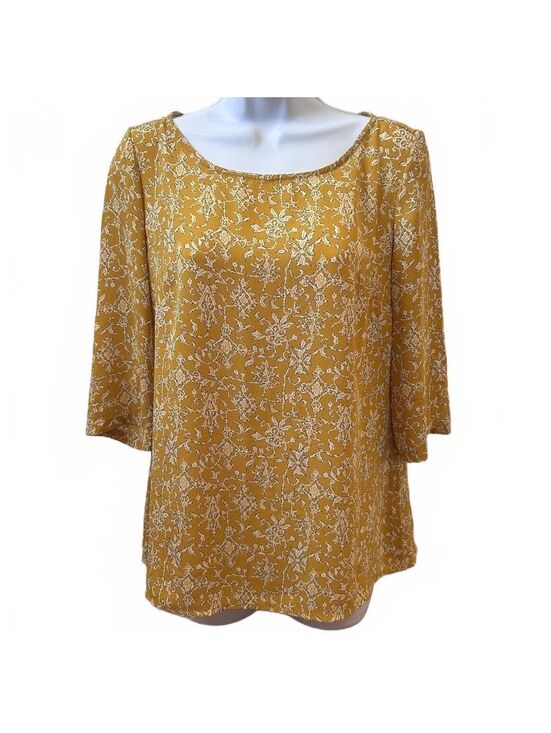 HD in Paris Tops - Anthropologie HD in Paris Eira Mustard Yellow Floral Boho Blouse 3/4 Sleeve, 2